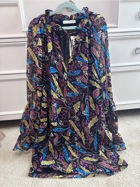 Karlie Black Sheer Floral Tie-Neck Blouse with Blue, Purple & Yellow Accents